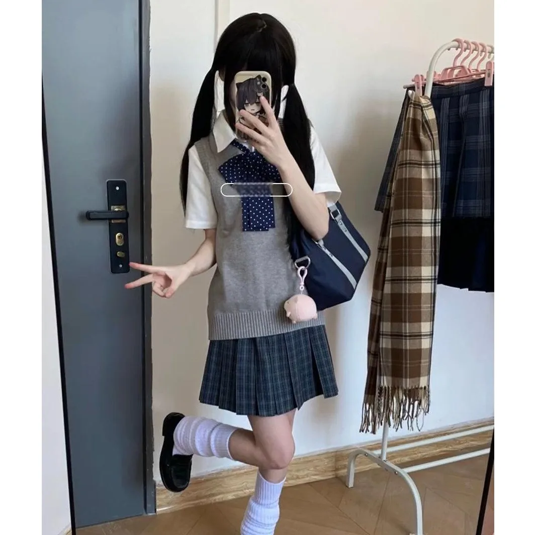 Conjunto de Falda y Camiseta de Punto de Manga Corta Estilo Colegial JK Talla Grande para Mujer, Moda de Verano