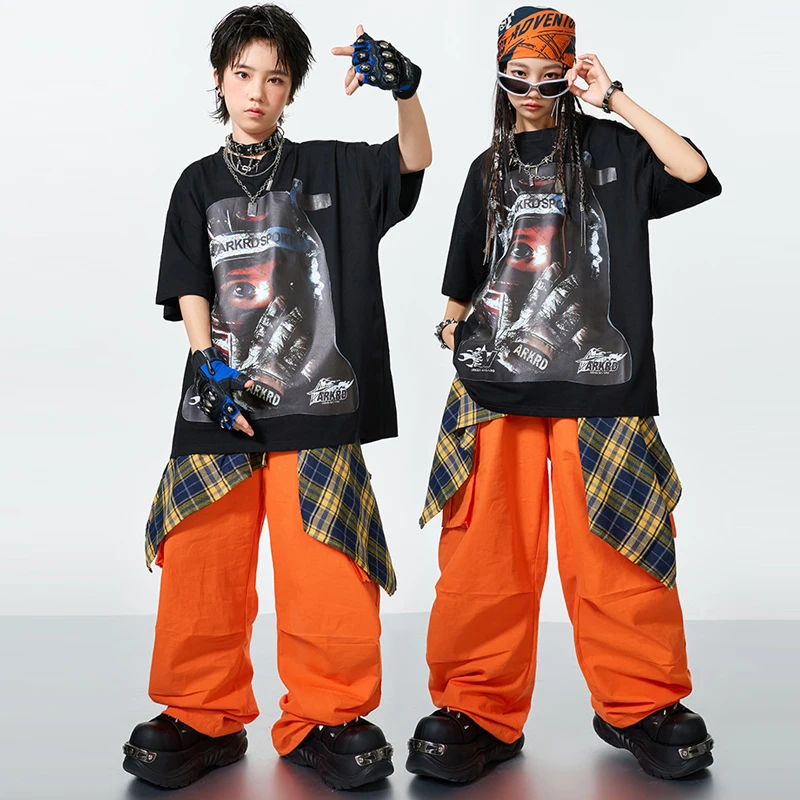 

Одежда в стиле хип-хоп для девочек и мальчиков, детские костюмы для бальных танцев, черная футболка для девочек, оранжевые штаны, костюм для джазового танца, уличная одежда 13367