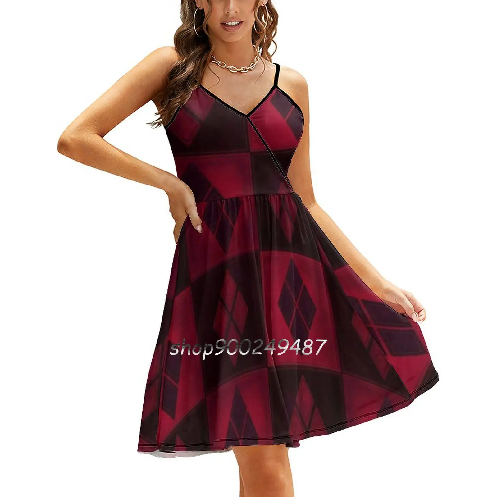 

Patchwork Red & Black Leather Effect Motley With Diamond Sling Dress Summer Dress Sling Sexy A Line Dress Fashion Female Dress