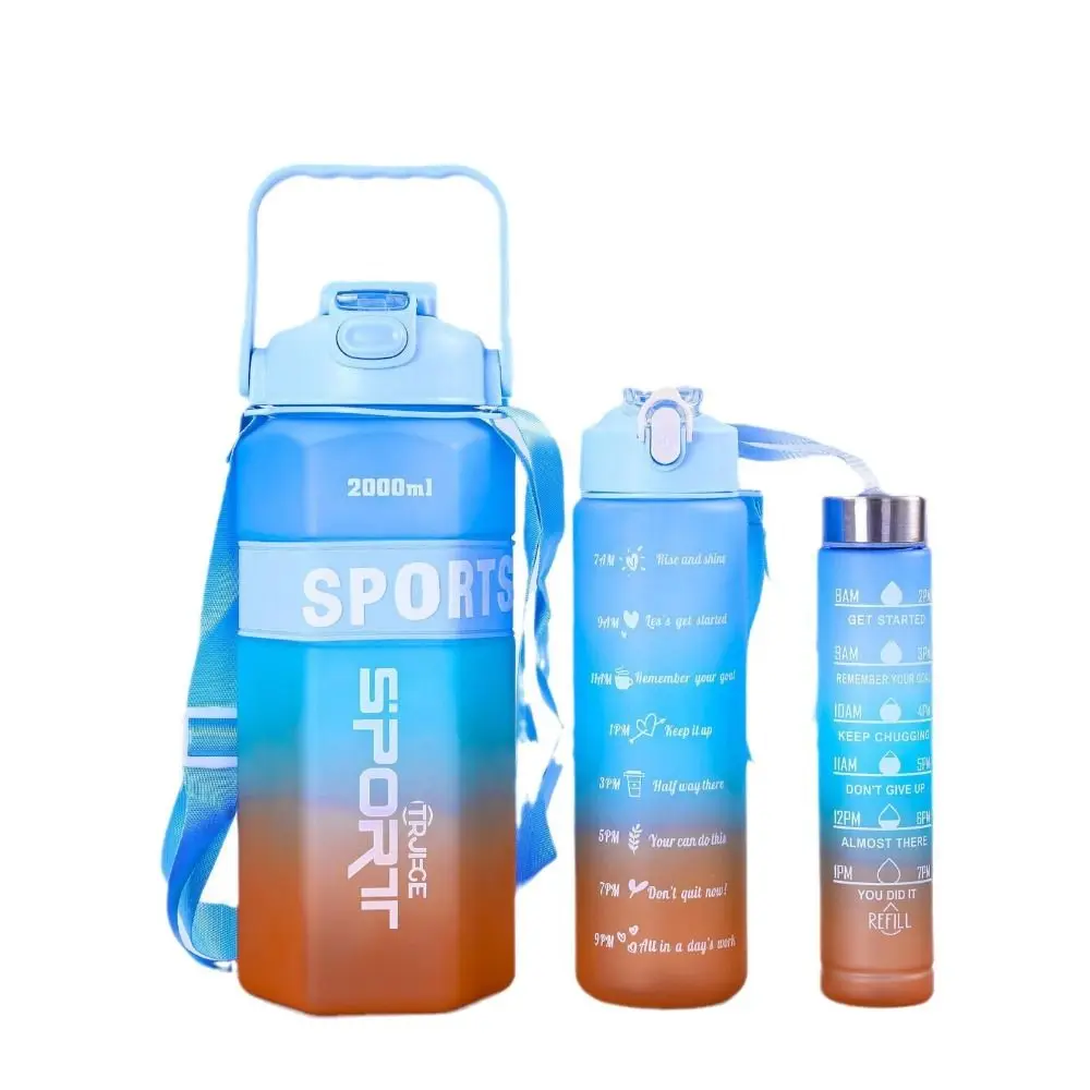 Three Piece Set Sports Water Bottle Set Hexagon Frosted Leak Proof Colorful Cup Gradient Color with Straw Fitness Sports Kettle