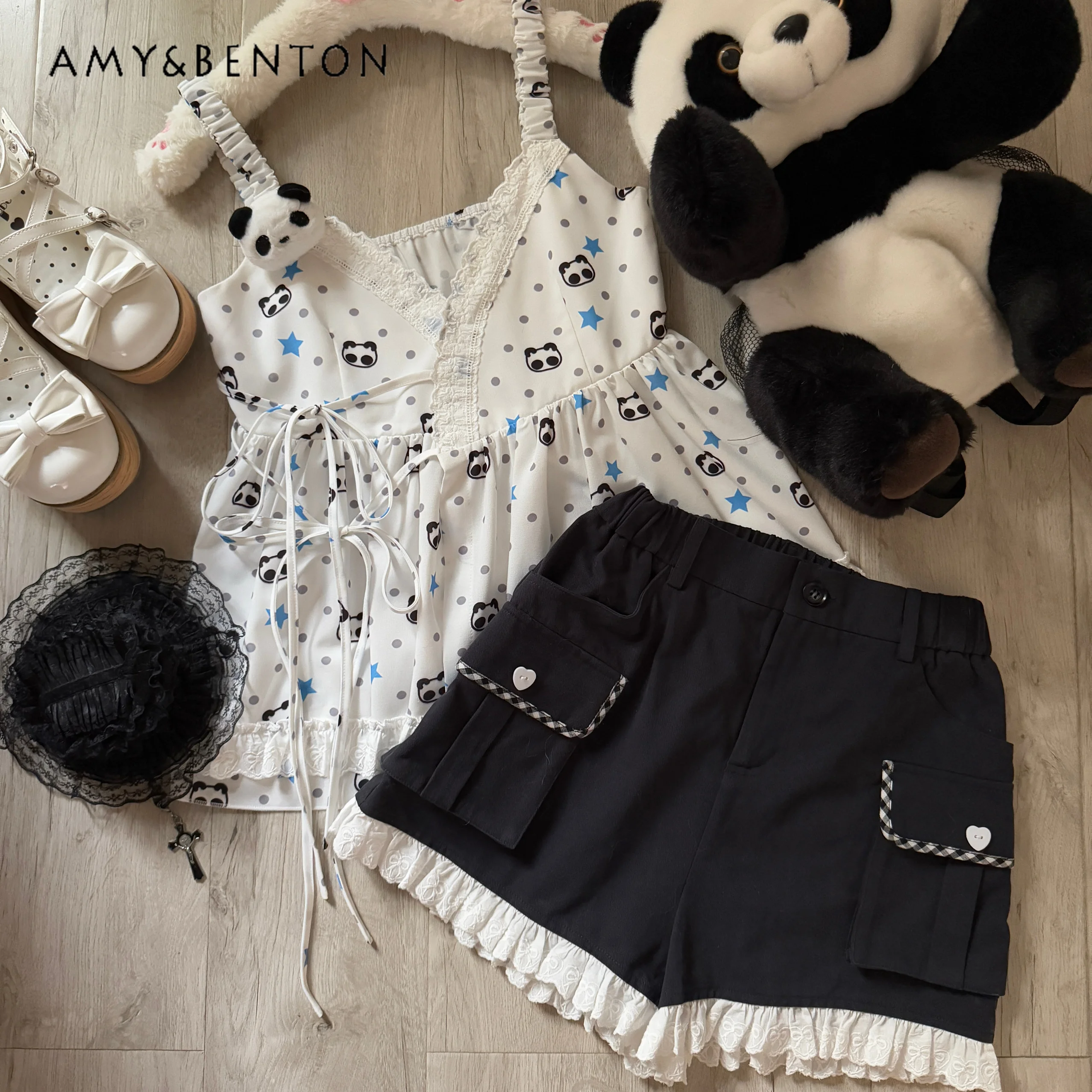 Été Original mignon dessin animé imprimé dentelle Patchwork sangle cravate gilet dentelle taille élastique Shorts japonais chérie fille chaude ensembles