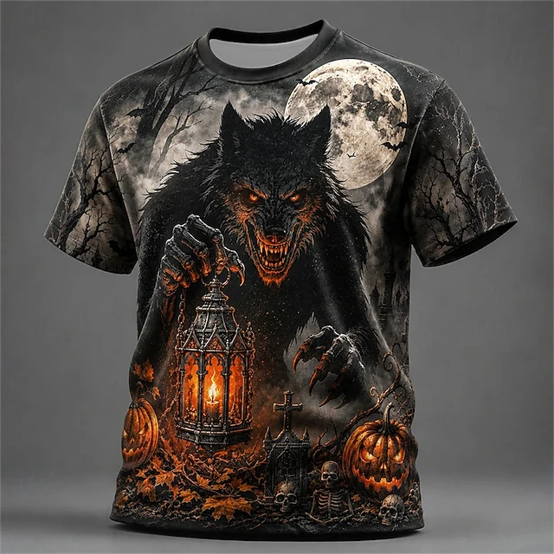 New Men's Halloween T-Shirt Stylish Short-Sleeve Crewneck with Full Moon Wolf Beer Print Breathable Trendy Streetwear Style