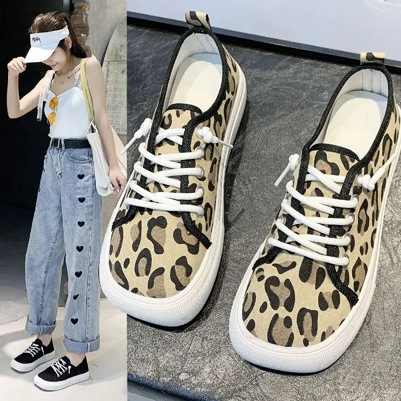 New Square Toe Leopard Print Canvas Shoes Women\'s Spring Summer Sneakers Woman Vulcanized Sports Shoes Houndstooth Zebra Sneaker