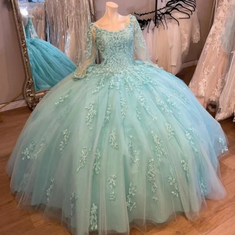 Teens Mint Green Quinceanera Dresses Illusion Long Sleeves Scoop Ball Gown Mexico Corset Sweet 16 Dress Vestido De 15 Anos