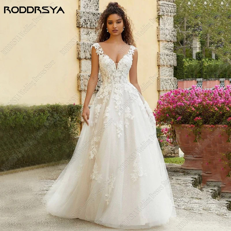 RODDRSYA Sparkle Tulle Wedding Dresses V-neck Floral Lace Appliqués Bridal Gowns Keyhole Backless Sweep Train Vestido Novia