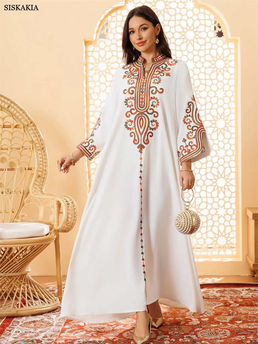 Siskakia Ramadan Muslimische Damen bestickte lose Abaya-Kleider für Frauen Gala Marokko Dubai Eleganter lässiger Kaftan