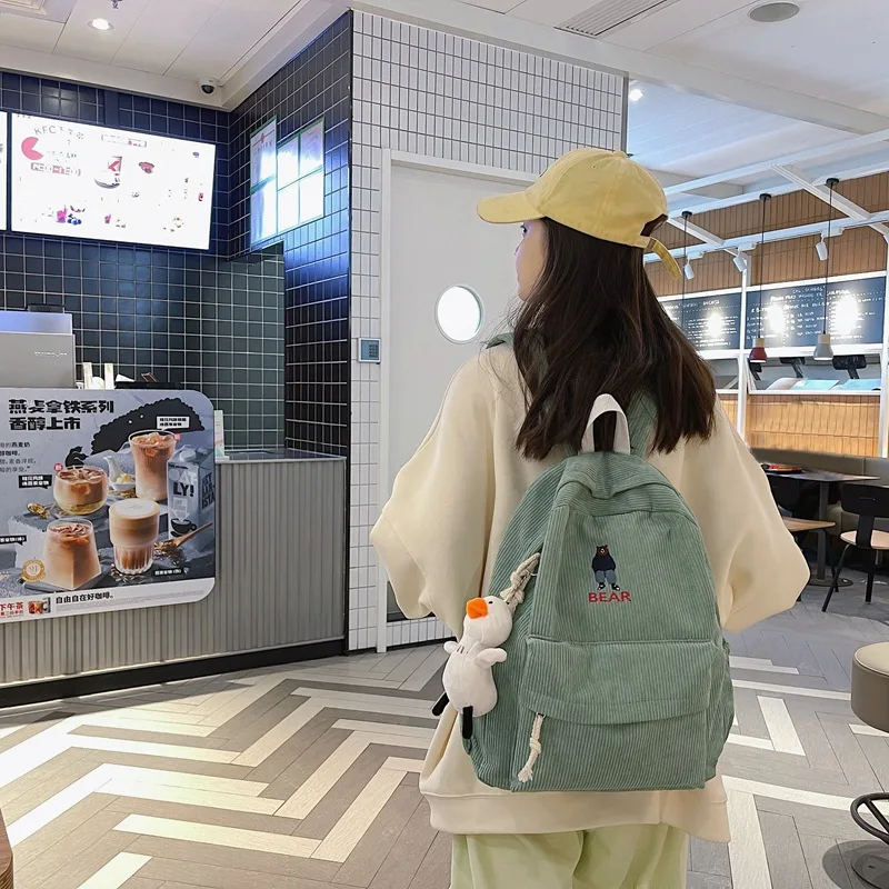 Mochila de pana para estudiante femenino, bolsa versátil de gran capacidad para viajes de escuela secundaria, bonita