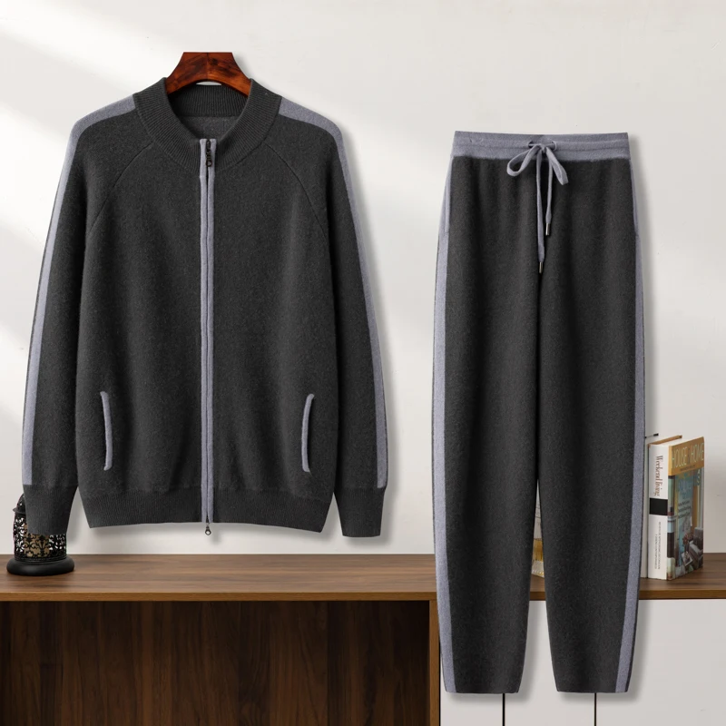 Afbeelding 3: Gebreide set voor heren, hoge kwaliteit, 100% kasjmier, ronde hals, rits, open jas, casual gebreide broek met rechte pijpen, zakken, tweedelige set.
