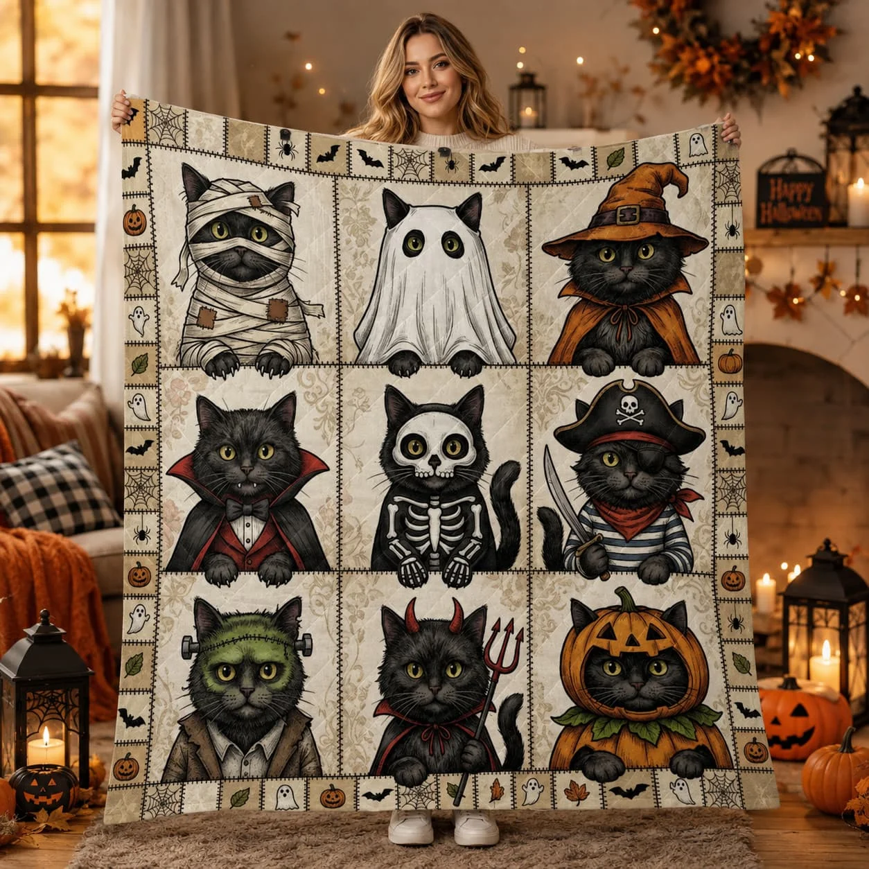 Black Cat Halloween Costume Quilt Blanket: Spooky Patchwork Bedding
