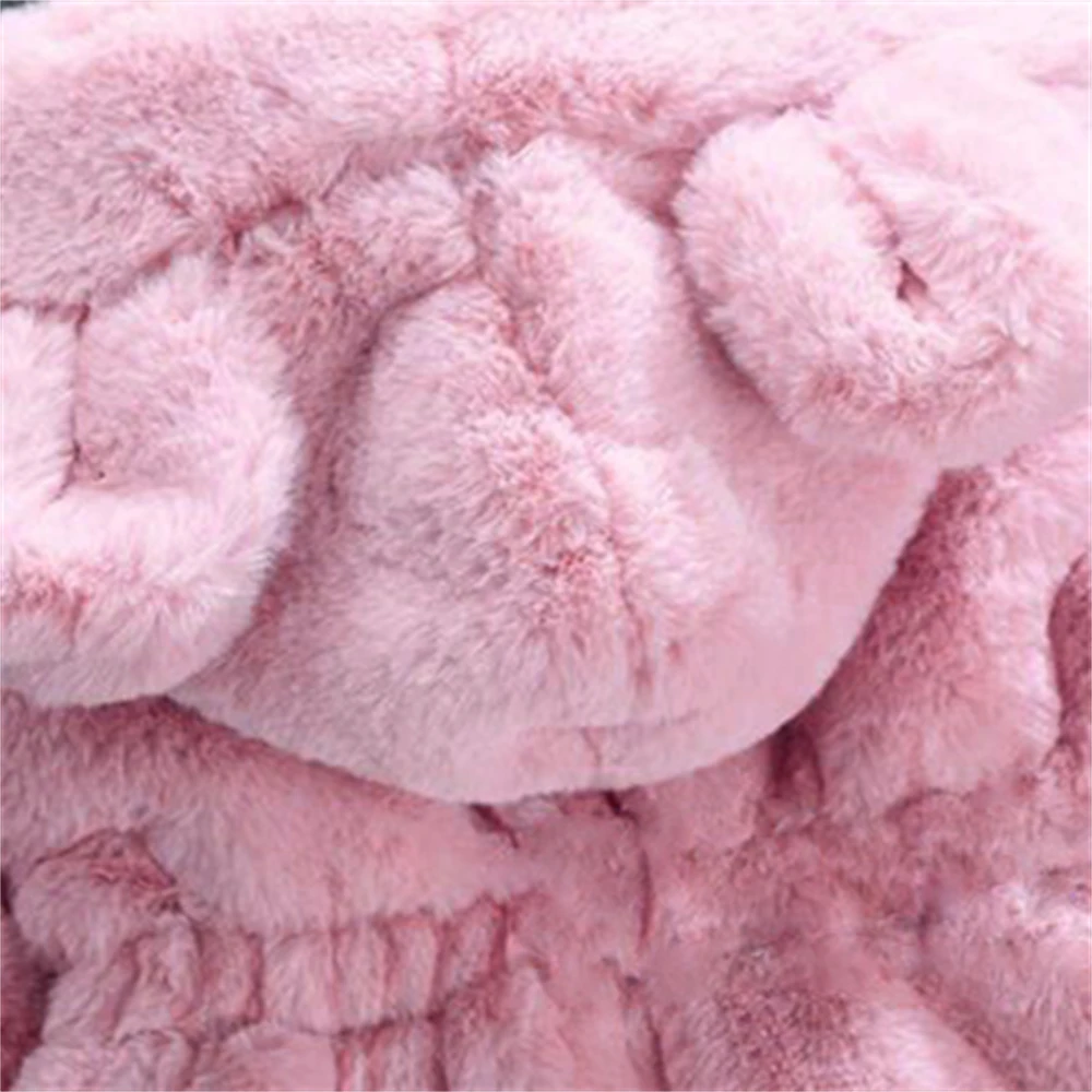 Winter Cute Hairy Girl\'s Coat Baby Girl Solid Color Bear Ears Hooded Waist Zipper Warm Versatile Coat