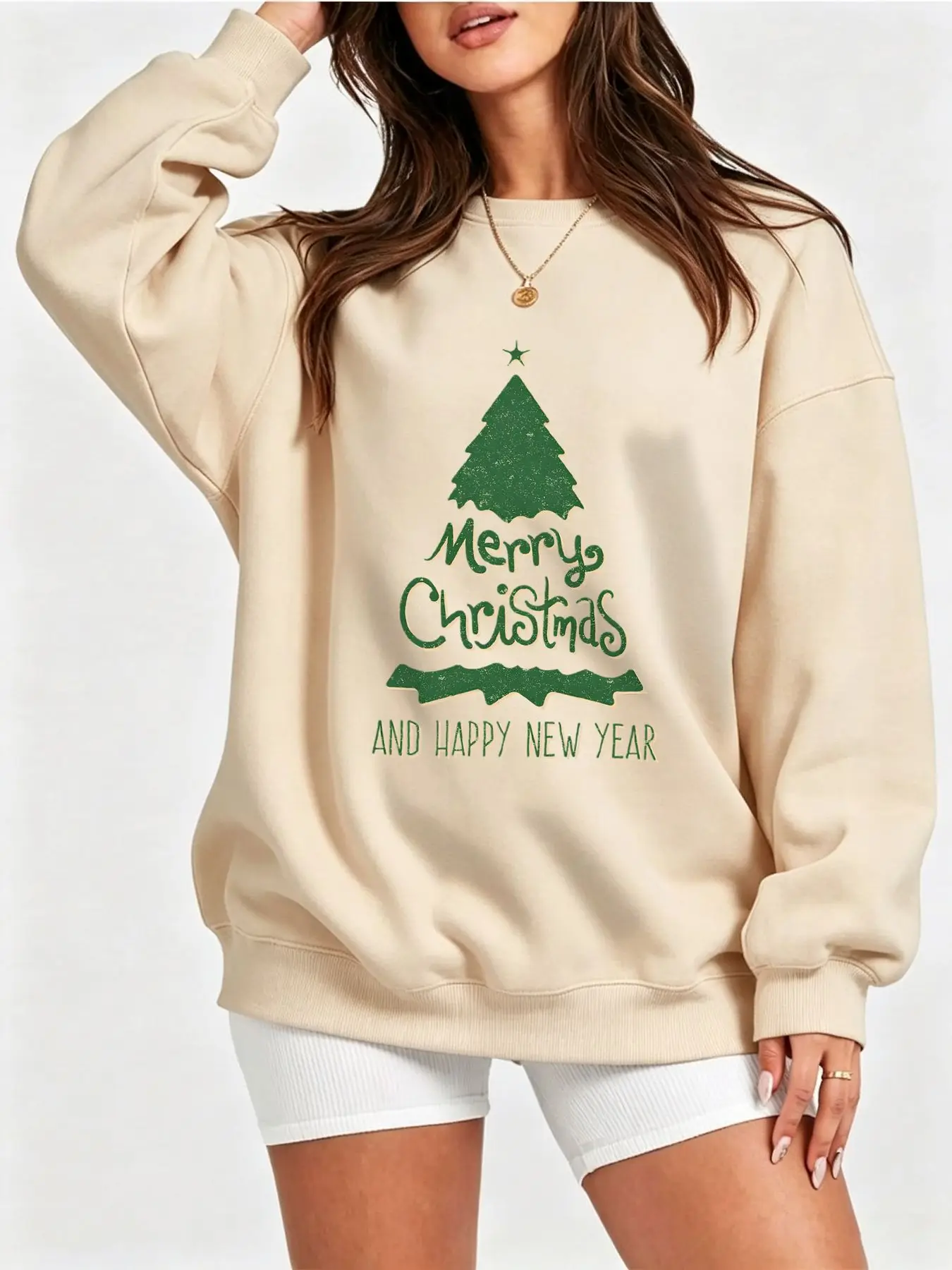 Women Merry Christmas Happy New Year Vintage Christmas Tree Graphic Crewneck Sweatshirt Oversized Long Sleeve Fleece Pullover Retro Distressed Xmas Print Beige Holiday Casual Streetwear Tops