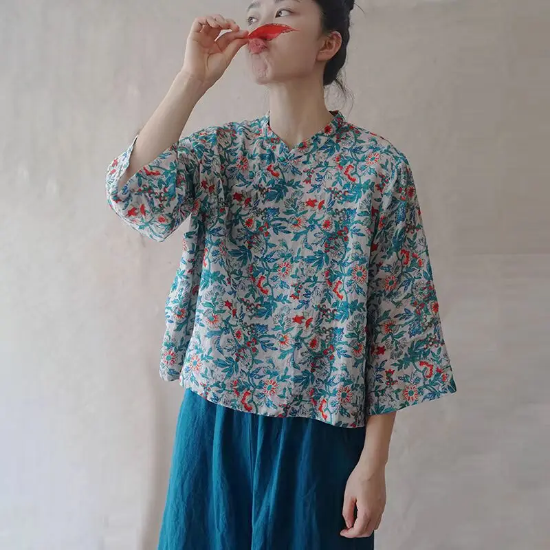 

Original Cotton Hemp Shirt Female Leisure Chinese National Style Blouse Retro Art Flax Flower Tops Women