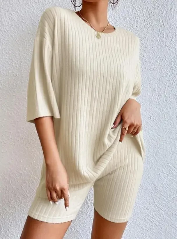 

Two Piece Sets Women Outfit Summer 2023 Round Neck Three Quarter Sleeve Solid Color Pajamas Set Daily Casual Homewear Set