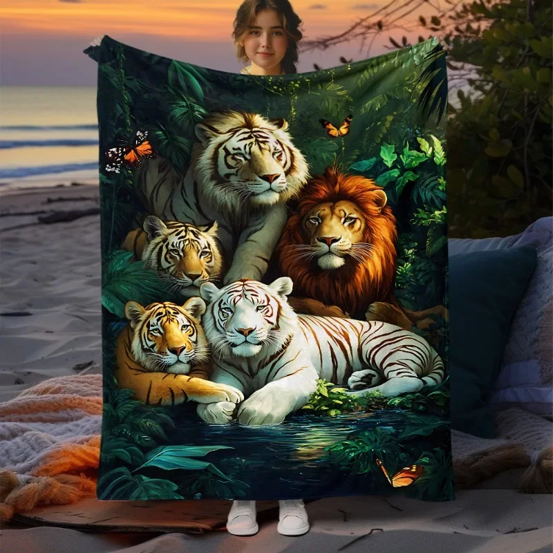 Tigers and lions gather in the jungle Flannel printed blanket suitable all seasons suitable for living office sofa and travel