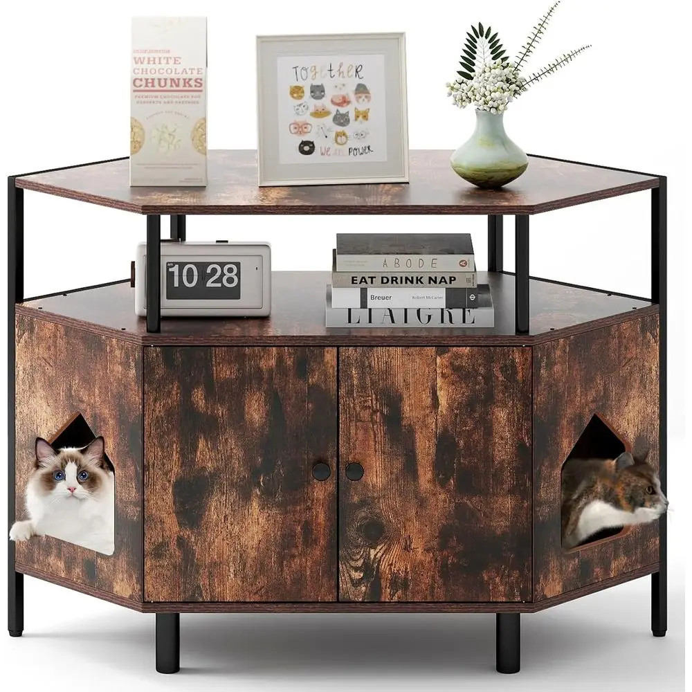 Dual-Entry Cat Litter Enclosure with 2-Door Cabinet, Storage Shelves, Metal Frame, Wooden House (Rustic Brown)