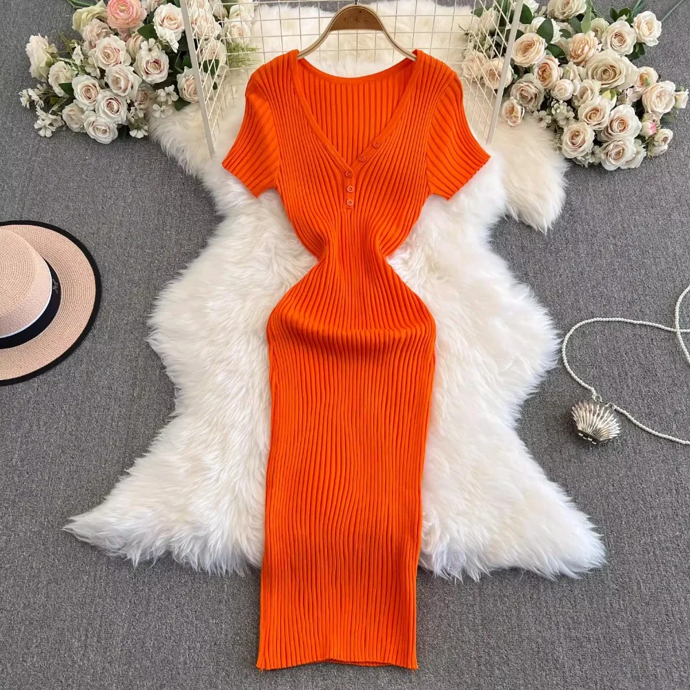 Foamlina Elastic Knit Bodycon Dress for Women Female 2024 New Waist Cinching and Slimming Orange V-neck Knitted Dress Sweater