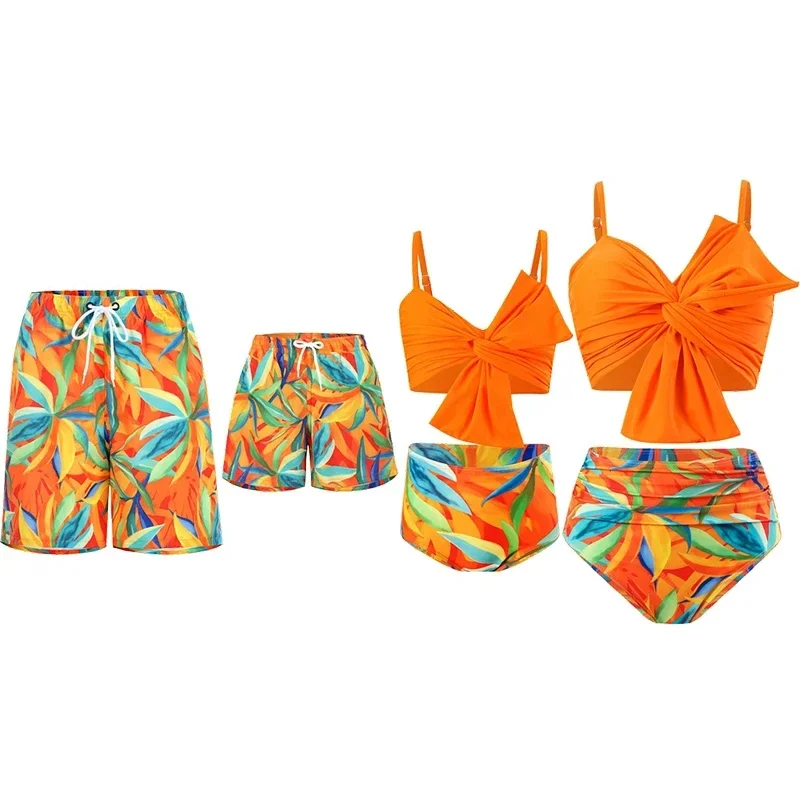 

2025 New Family Matching Swimsuit Women and Girl's Bikini Set Men's Boys Swimming Trunks Children's Swimwear