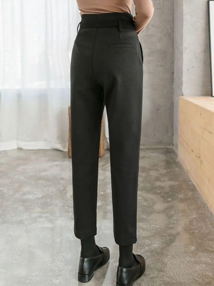 Korean Design Super High Waist Harem Pants With Belt Winter Warm Woolen Thicken Velvet Lined Pantalones Ankle Length Calca New