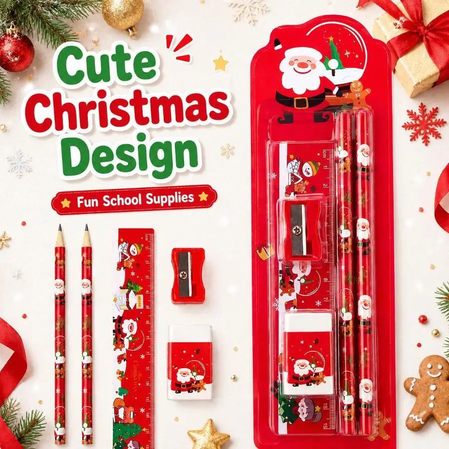 5Pcs Christmas Stationery Set For Kids Cartoon Pencil Ruler Eraser Sharpener School Supplies Birthday Xmas Gift Random Style