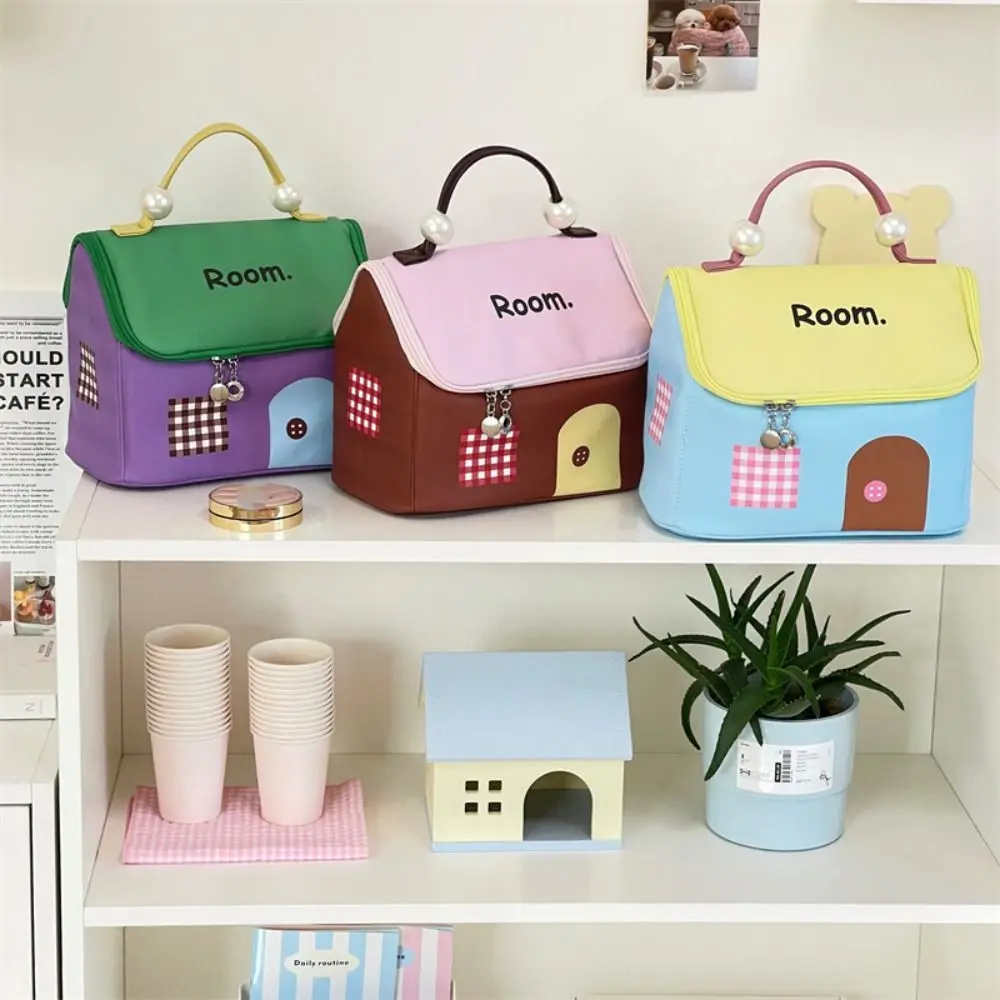 Nylon Handheld Makeup Bag Cartoon Clutch Bag House Shape Cosmetic Bag Storage Bag Large Capacity Skincare Storage Bag Outdoor