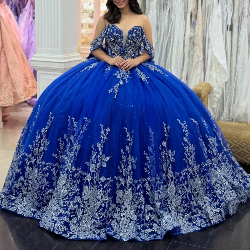 

Royal Blue Shiny Quinceanera Dresses Off The Shoulder Sequin Applique Lace Beading Bow Tull Ball Gown Vestidos De 15 Anos Sweet