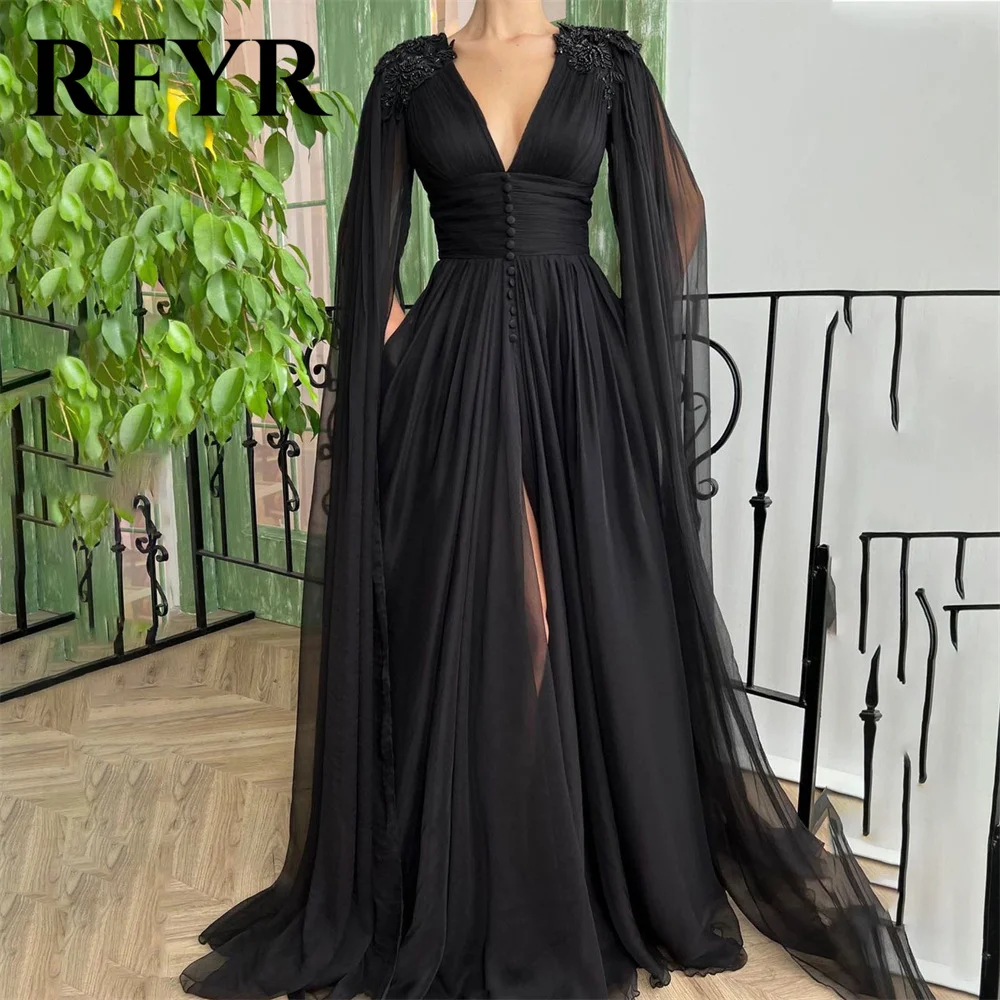 

RFYR Black V-Neck Elegant Sexy Party Dress A-Line Chiffion Celebrity Dress with Slit Special Occasion Dresses robes du soir