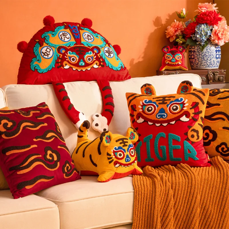 

Joy Chinese Traditional Dance Lion Embroidery Cushion Year Of Tiger Sofa Chair Decorative Stuffed Pillow Happy Lucky Cushion