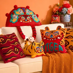 Joy Chinese Traditional Dance Lion Embroidery Cushion Year Of Tiger Sofa Chair Decorative Stuffed Pillow Happy Lucky Cushion