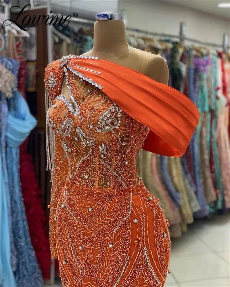 Robe De Soirée Orange One Shoulder Party Dresses For Weddings Tassel Crystals Shiny Sequined Evening Gown Arabic Celebrity Prom