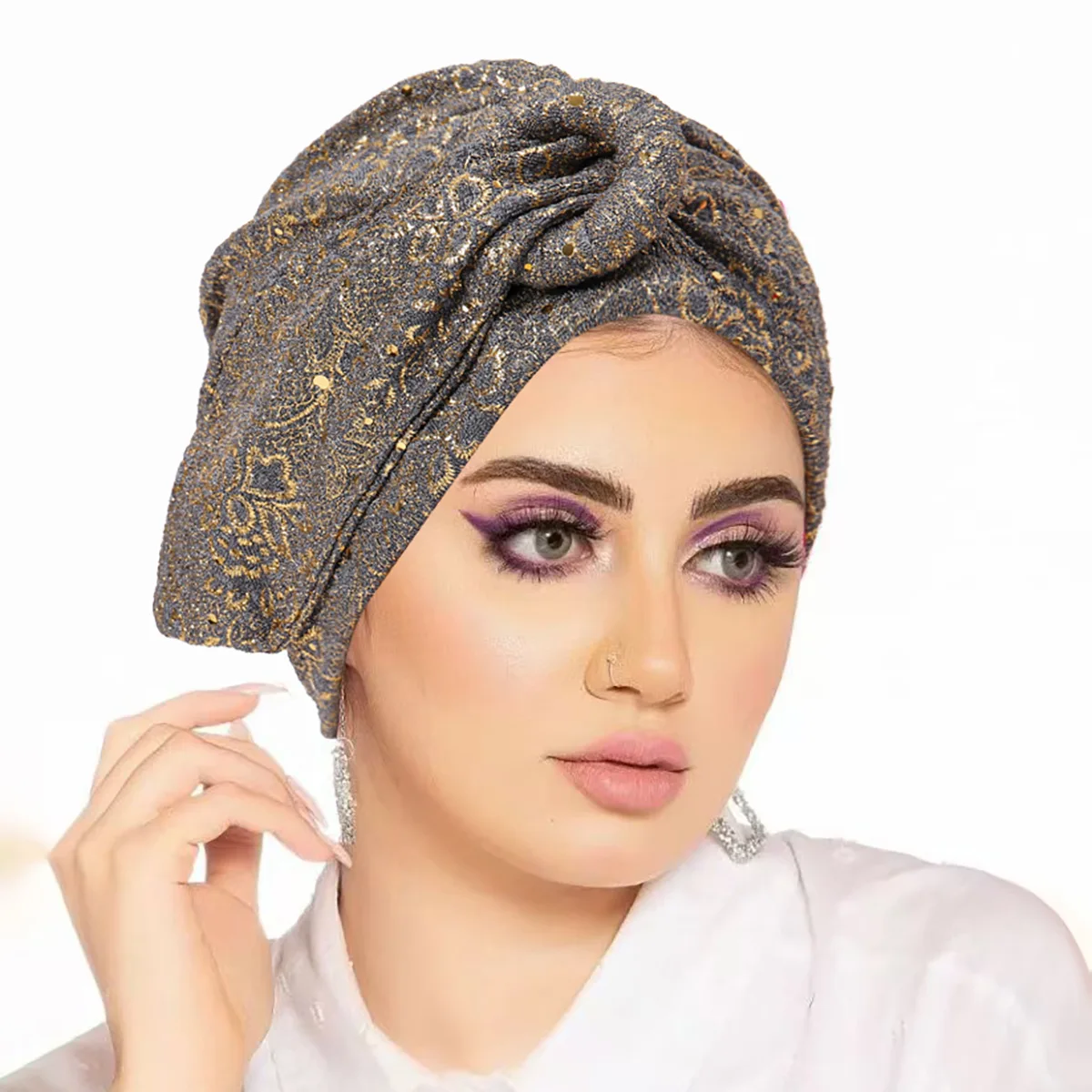 Neue Knoten Pailletten Plissee Hijab Kappe Muslimische Frauen Chemo Turban Stretchy Headwrap Schal für Haarausfall Mode Indische Femme Motorhaube – Detail 4