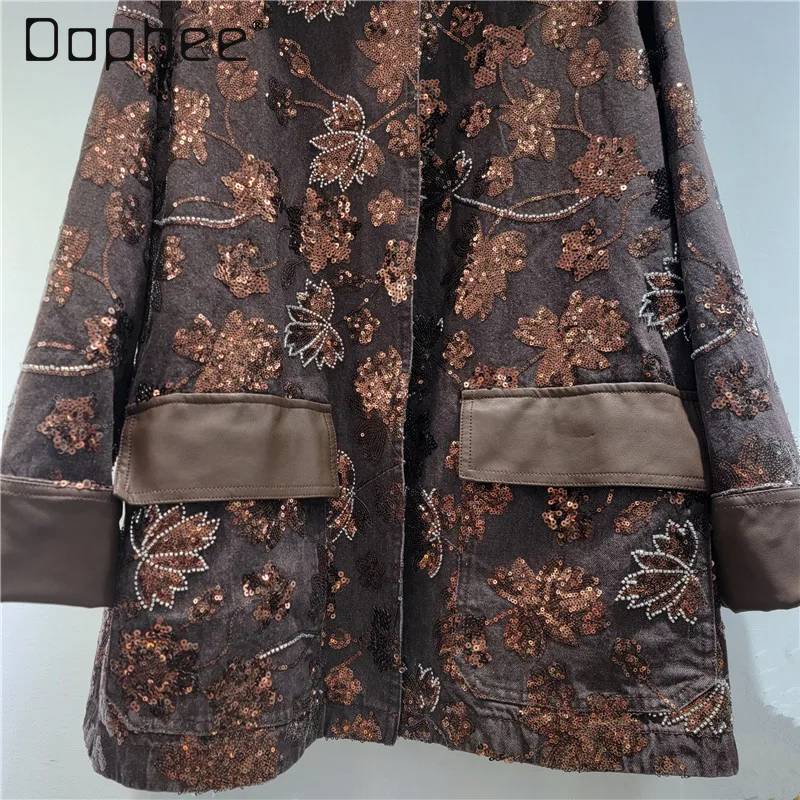 European Station Spring New Fashion Splicing Sequin Embroidered Denim Jacket Women Heavy Industry Bead PU Leather Splicing Coat