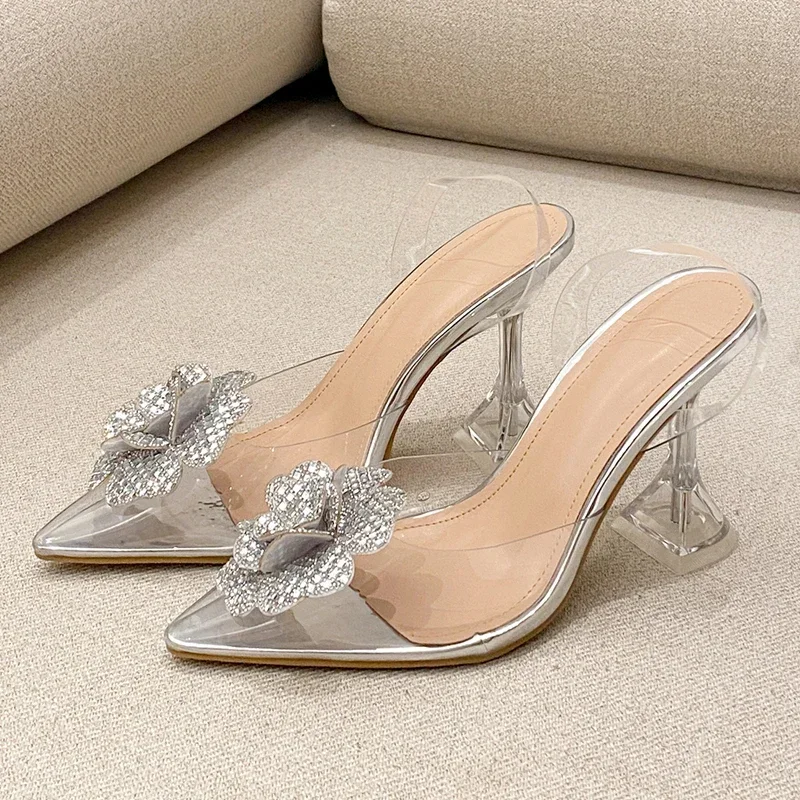 

Aneikeh/2026, новые женские туфли-лодочки с серебряными кристаллами и цветами, прозрачные сандалии на высоком каблуке, пикантные свадебные туфли с острым носком, размер 41