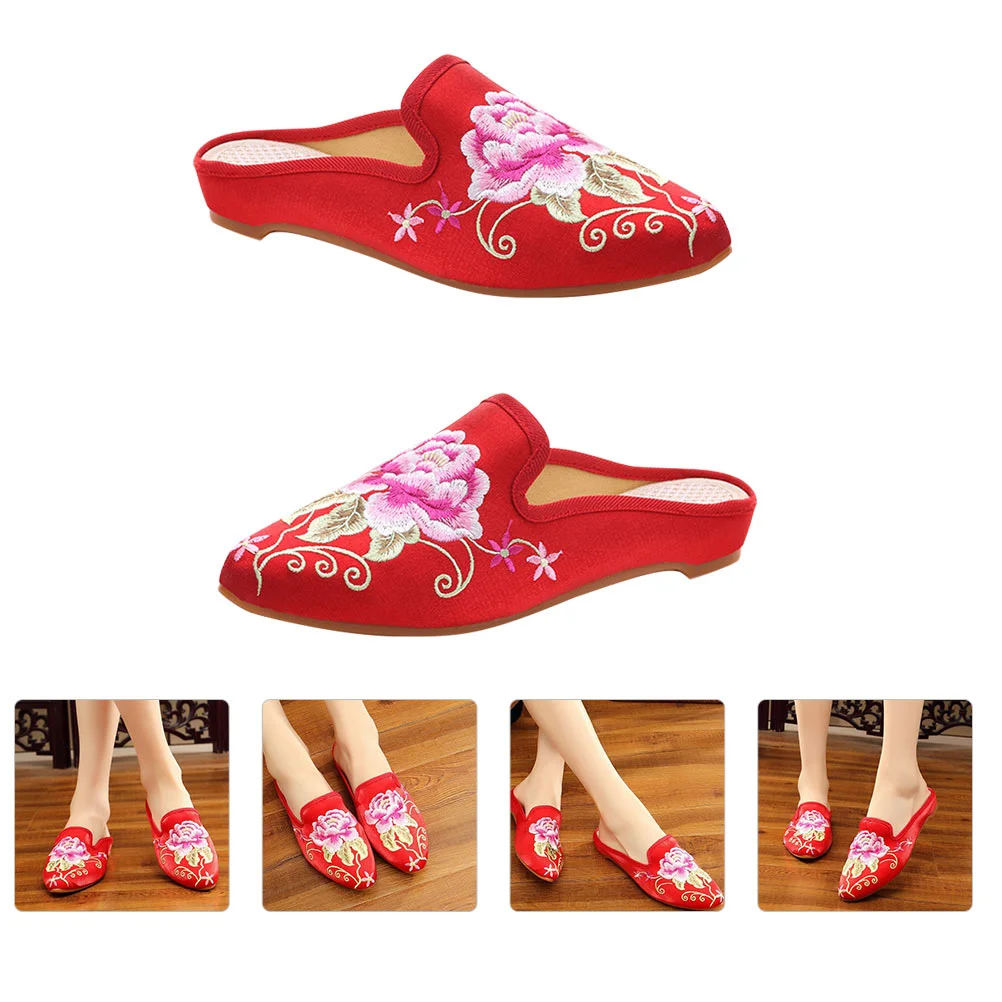 Pointed Toe Embroidered Slippers Bright Wire Cloth Women Shoes Embroidery Fall The Ground Premium Material