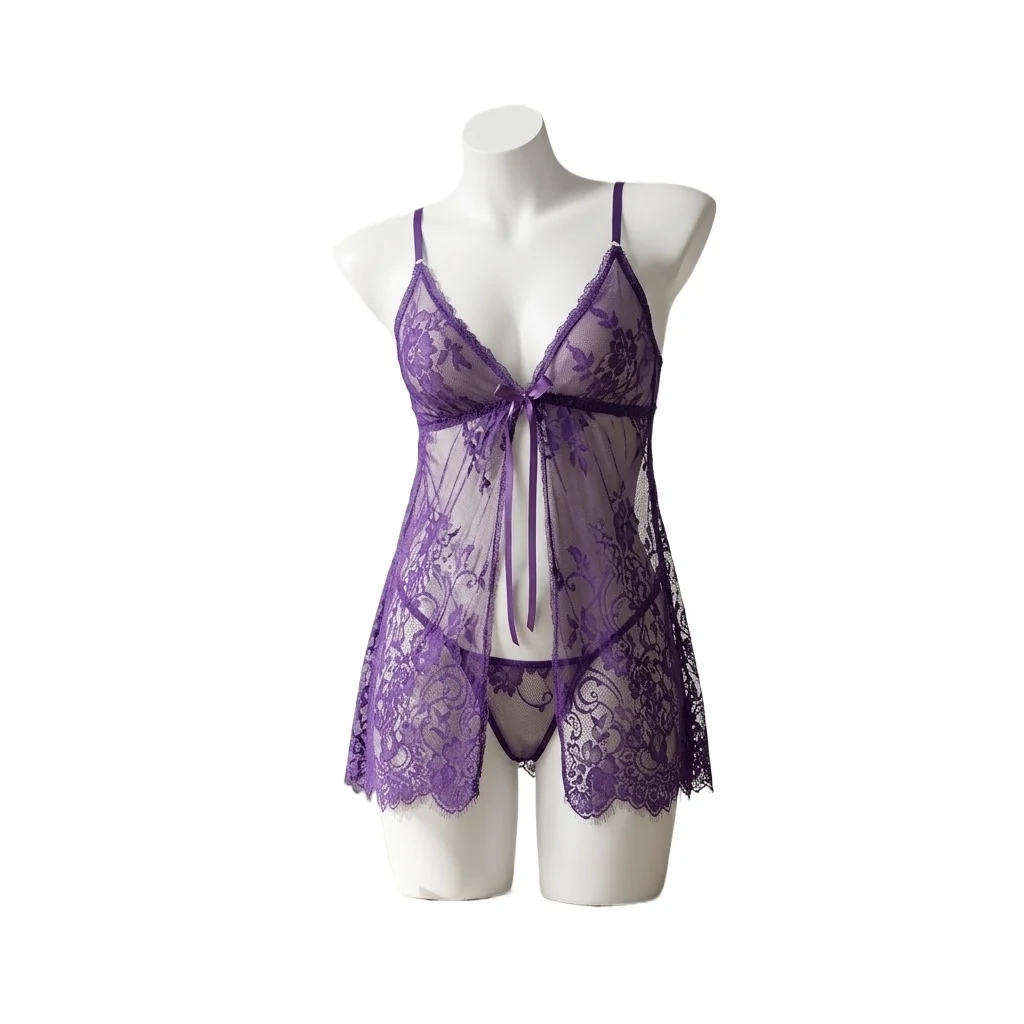 Women's Purple Lace Babydoll Lingerie Set Sheer Mesh Floral Chemise V-Neck Front Tie Flyaway Nightgown with Thong for Honeymoon