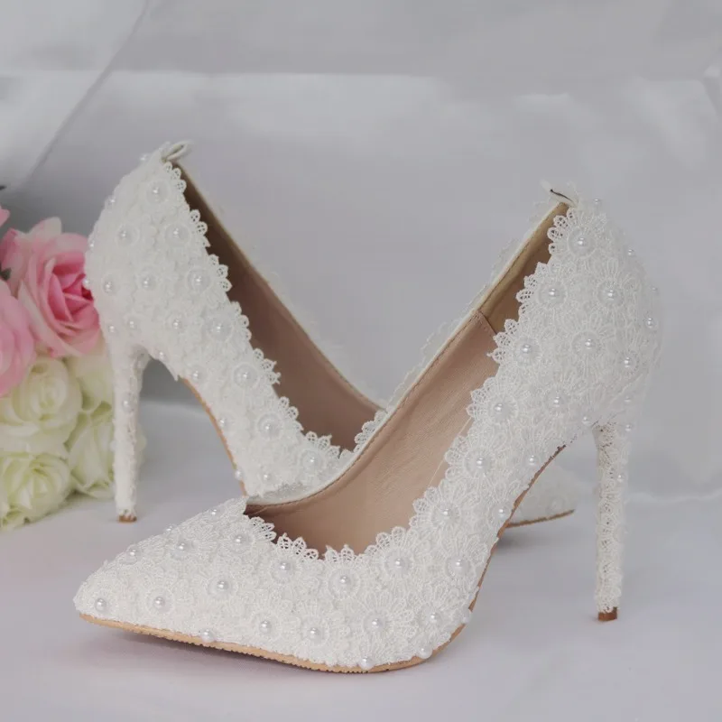 Dress Wedding Shoes Women Pumps Lace Pointed Toe Slip On PU 11CM Thin high heels String Bead Lady Wedding Women Shoes white