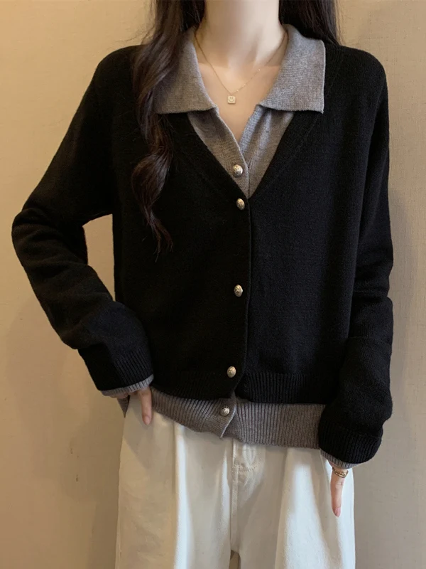 

Autumn Winter 2025 New plus Size Loose Knitted Sweater Coat Casual Sle Fake Two-Piece Open Cardigan for Women Fat MM