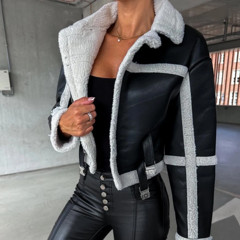 Retro Splicing Faux Leather Jackets for Women Fashion Warm Autumn Winter Outerwear Female Fleece Long Sleeve Short Coats Mujer