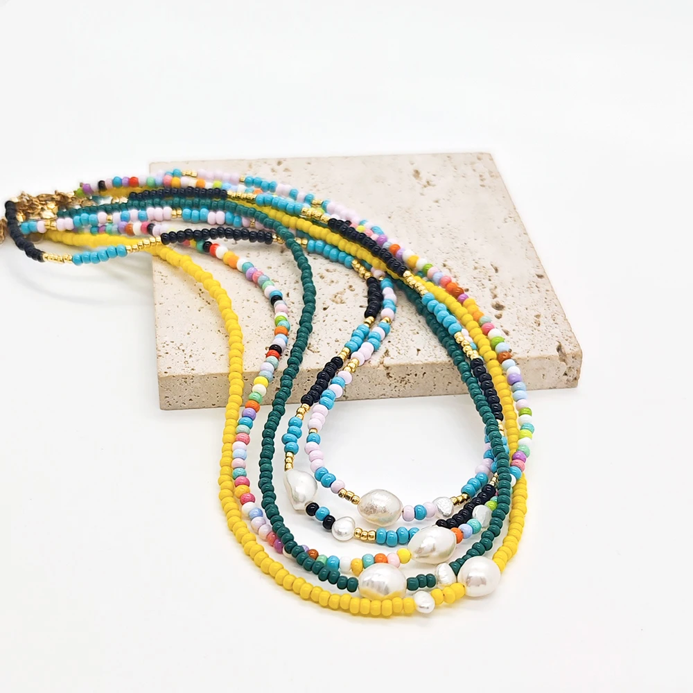 

CCGOOD Boho Multicolor Beaded Choker Necklace Colorful Seed Bead Natural Pearl Necklaces for Women Bohemian Summer Jewelry Gift