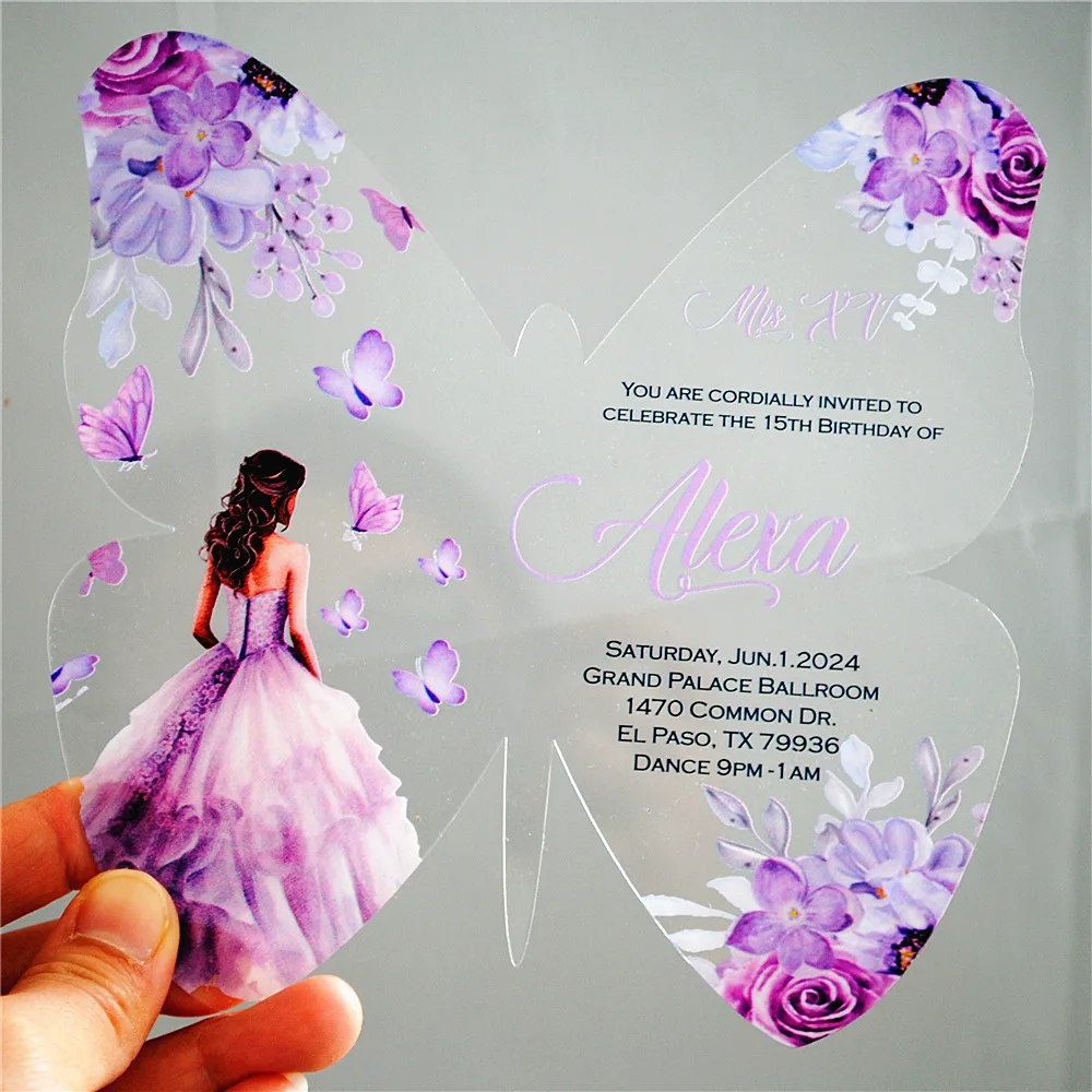 10pcs Girl Sweet 16 Birthday Bar Mitzvah Quinceanera Invitation Card Clear Acrylic Butterfly Custom Print Invite