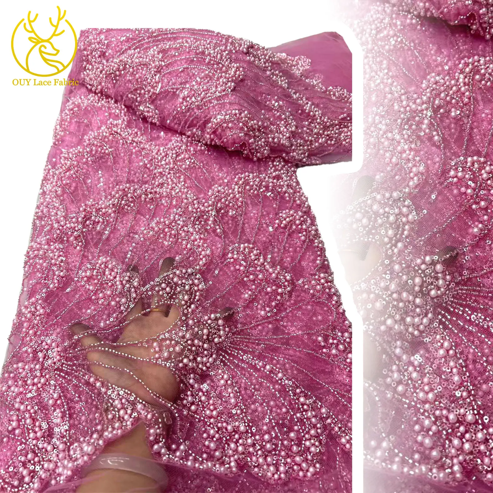 

New Design Hot Sale Pink African Handmade Beaded Mesh Lace Fabric 2025 French Sequin Lace Fabric Women's Party Evening Dresses