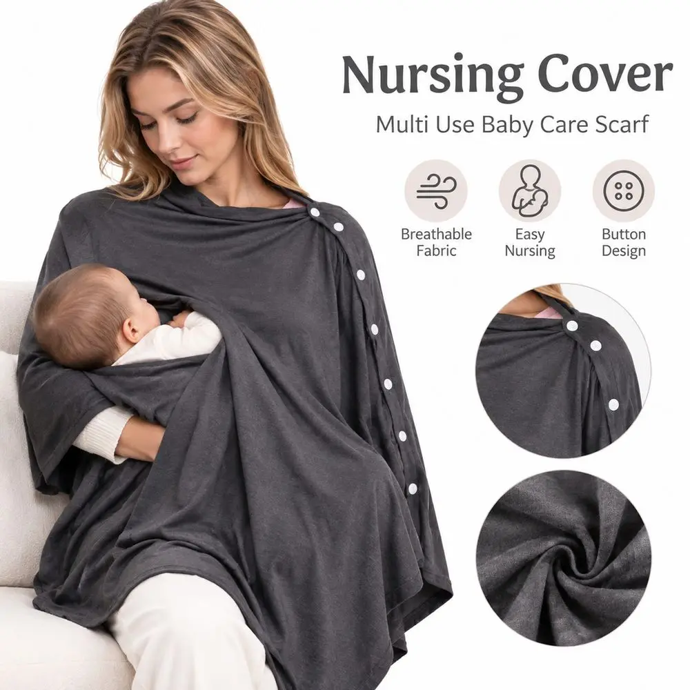 Soft Stretch Fabric Nursing Cover Breathable Button Closure Care Scarf Asymmetric Hem Machine Washable Nursing Shawl
