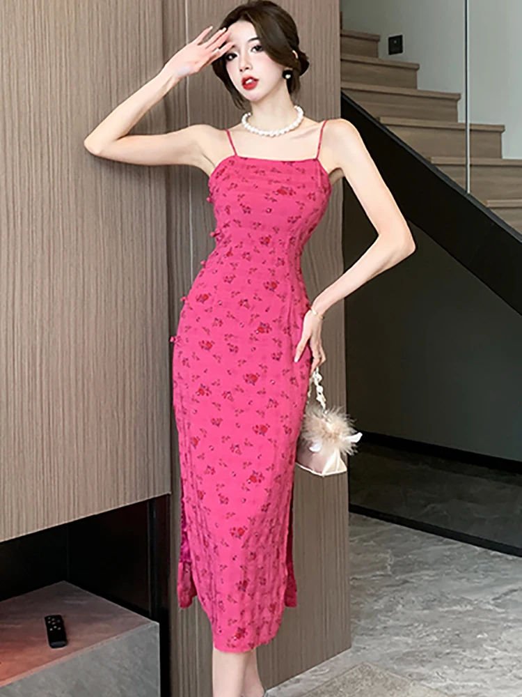 

Women Fashion Floral Summer Dresses 2024 New Korean Chic Elegant Casual Holiday Dress Vintage Bodycon Sexy Sling Evening Dress