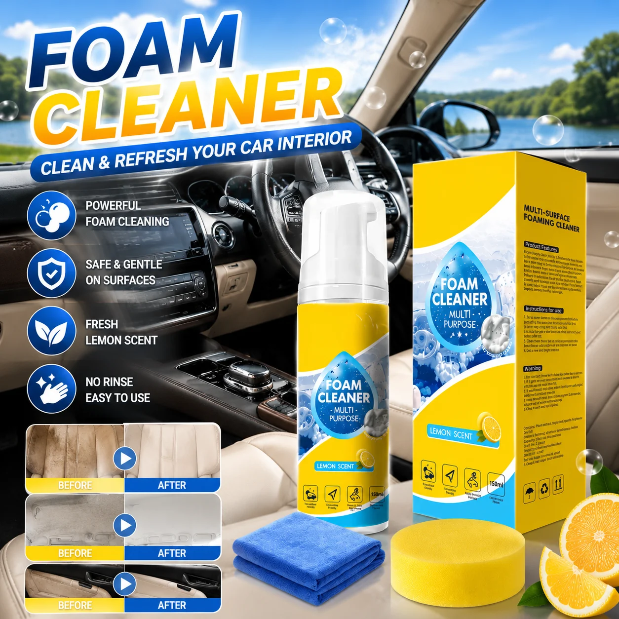 Car Multi Purpose Foam Cleaner Spray Interior With Sponge Cloth Lemon Scent For Leather Seats Dashboard Fabric Stain Removal