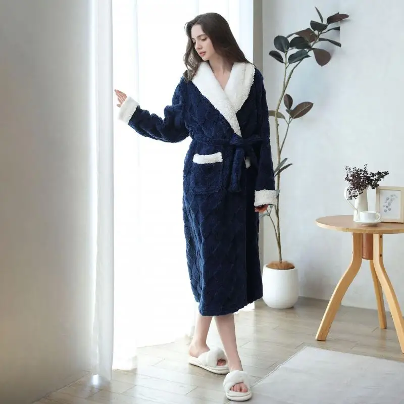 Pakaian rumah wanita jubah Jacquard baju tidur flanel tebal baju tidur Kimono panjang dengan saku jubah mandi wanita baju tidur