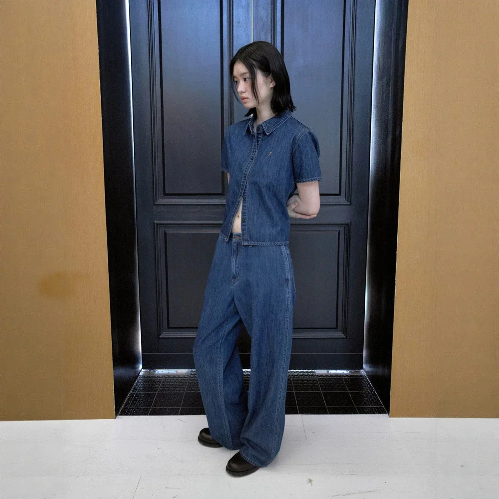 Classic Low Cut Short Sleeve Shirt High Waist Wide Leg Jeans Set Korean Style Washed Vintage Summer Casual Women's Ensemble