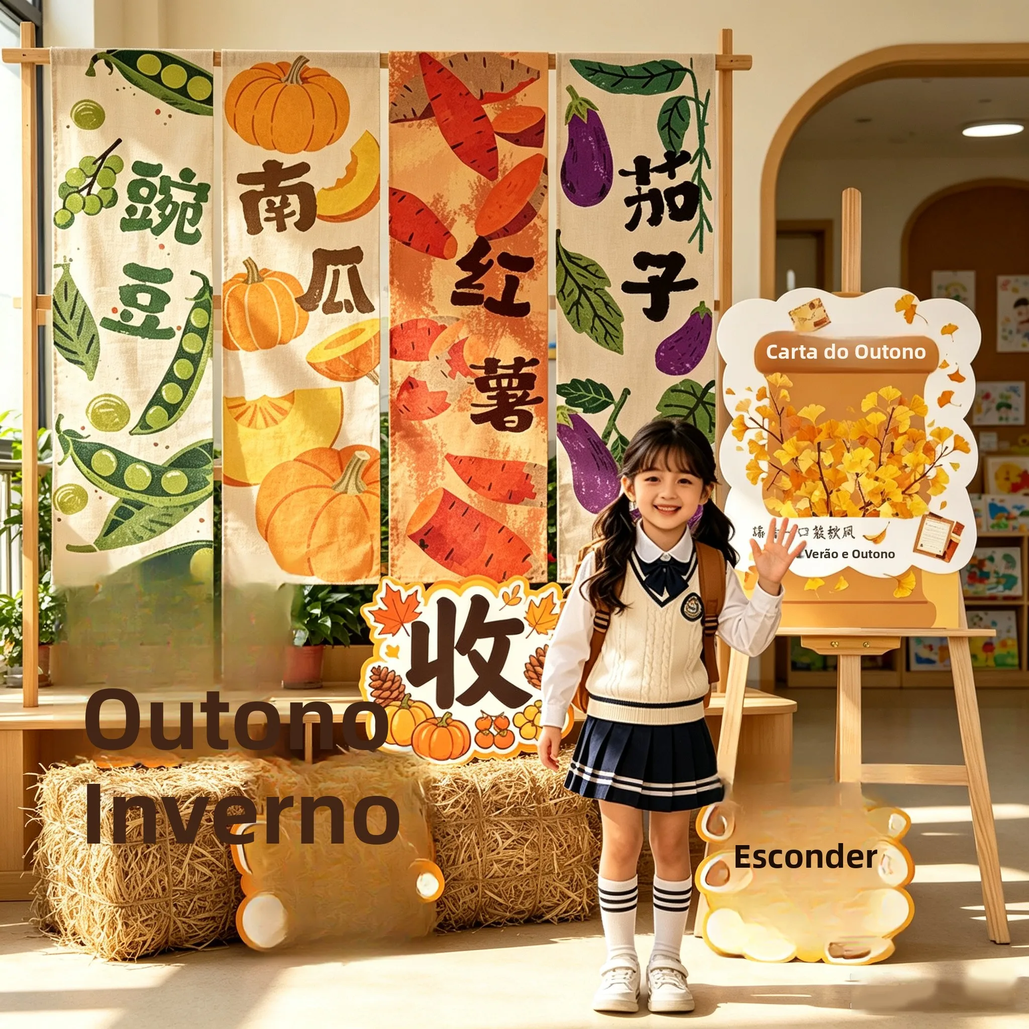 秋の収穫果物と野菜をテーマにした屋外教室の雰囲気装飾パッケージバナー吊り下げ布学校背景衣装
