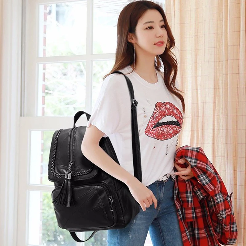 2024 Women\'s PU Leather Backpack School Bag Classic Black Waterproof Travel multi-function Shoulder Bag Rucksack