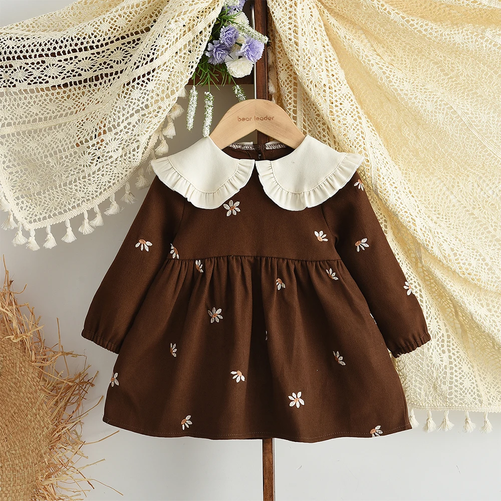 

Autumn Cute Lapel Long Sleeved Kids Dress Embroidery Flowers Baby Girls Casual Dresses Coffee Colored Children's Clothes