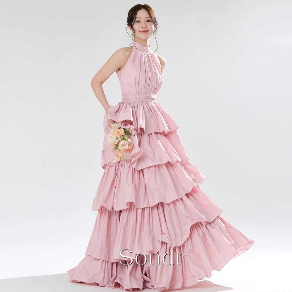 Sondr Tiered Pink Taffeta Halter Wedding Snap Dresses Korean Style Customized Formal Evening Party Dresses