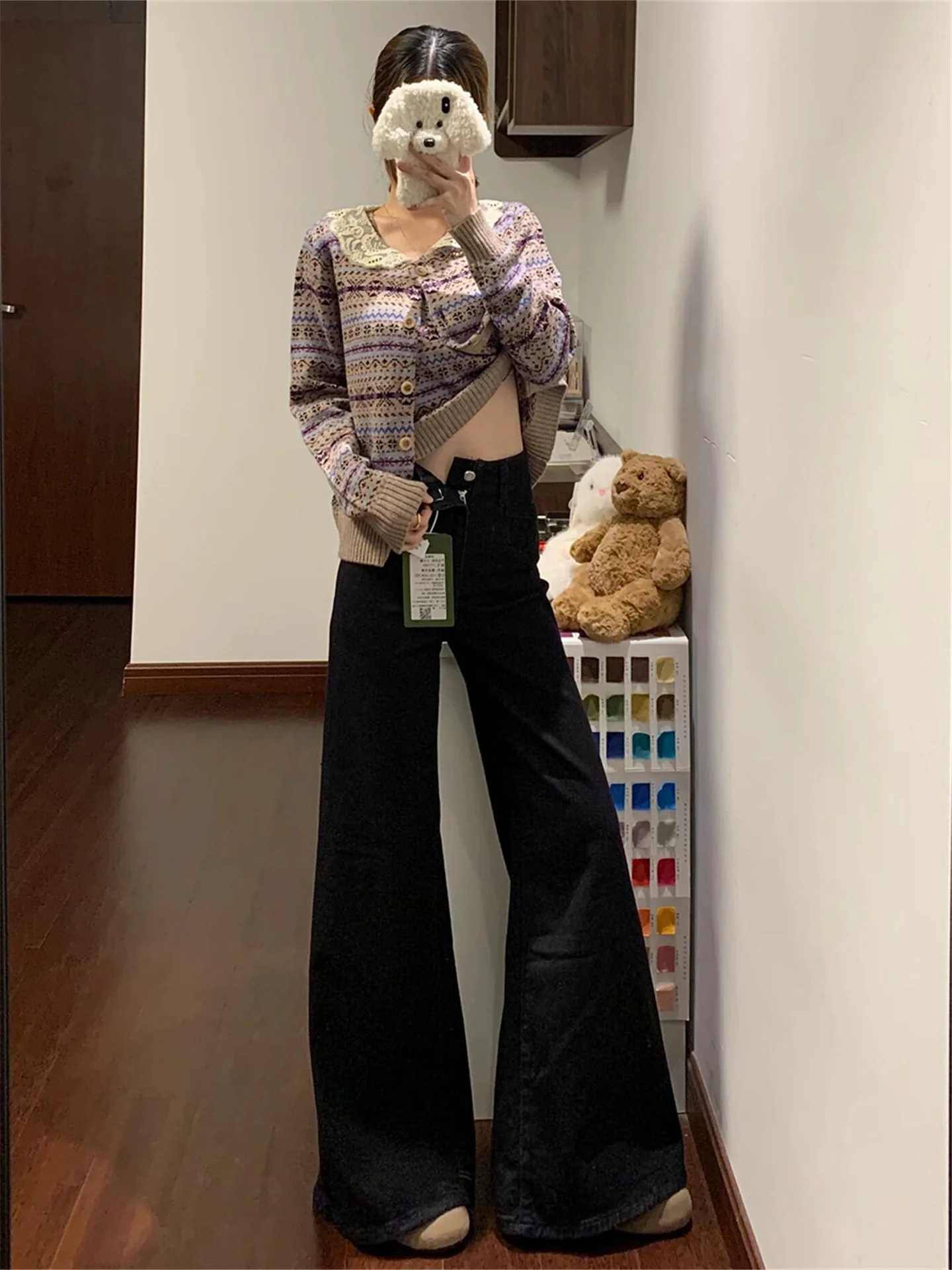 

Американские ретро-джинсы черного цвета с расклешенными штанинами для женщин, весенние, с эффектом подтяжки ягодиц, свободные, не облегающие, с высокой талией, удлиненные, в пол